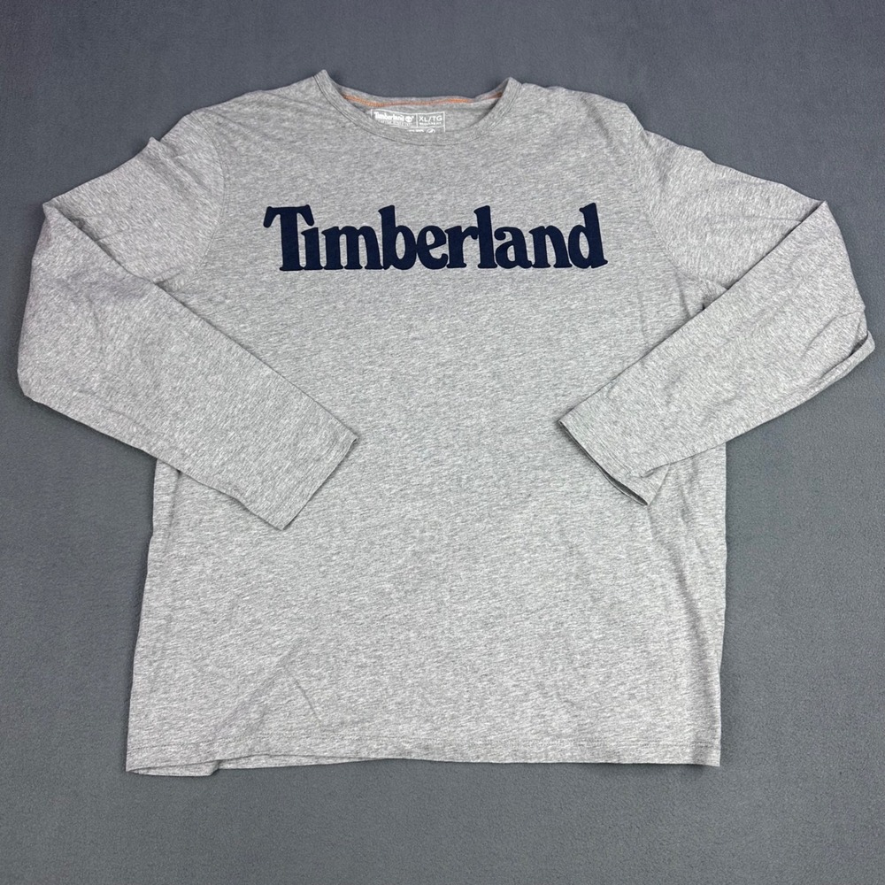 Timberland Mens XL Long Sleeve T-Shirt Heather Gray Organic Cotton Logo Graphic